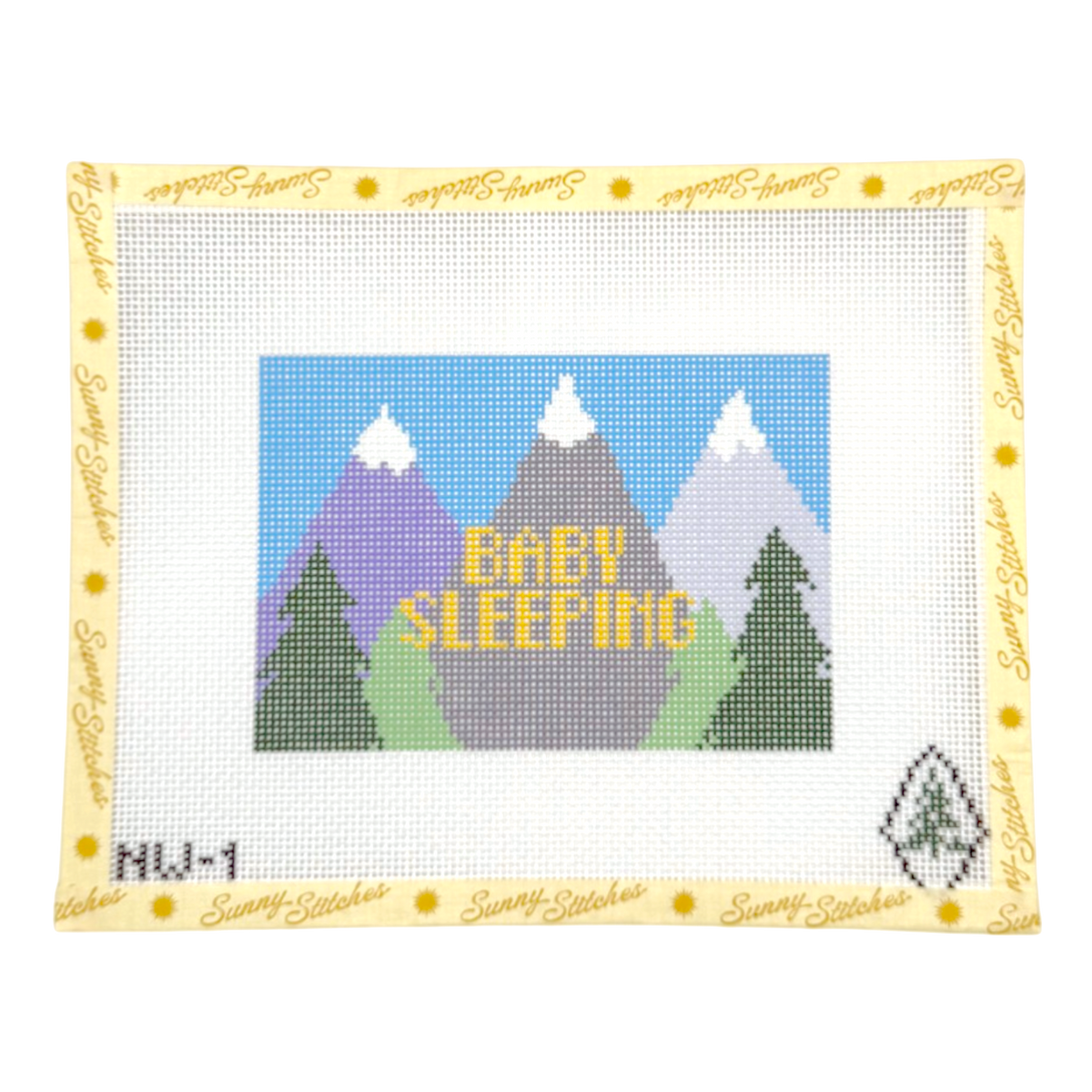 A needlepoint canvas featuring a mountain landscape with purple, gray, and green peaks, white snow, dark green trees, and yellow text reading 'BABY SLEEPING' on a white grid canvas. The canvas is bordered with a yellow frame printed with the brand name 'Sunny Stitches'.