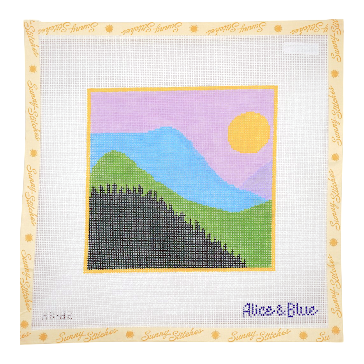 A square canvas needlepoint or embroidery design on white mesh, featuring a stylized landscape with green hills, a dark foreground, a blue sky, purple mountains, and a yellow sun. The border is cream with 'Sunny-Stitches' printed repeatedly, and the bottom right reads 'Alice & Blue'.