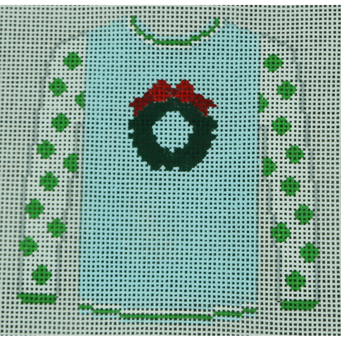 Wreath on Blue with Lime Polka Dot Sleeves