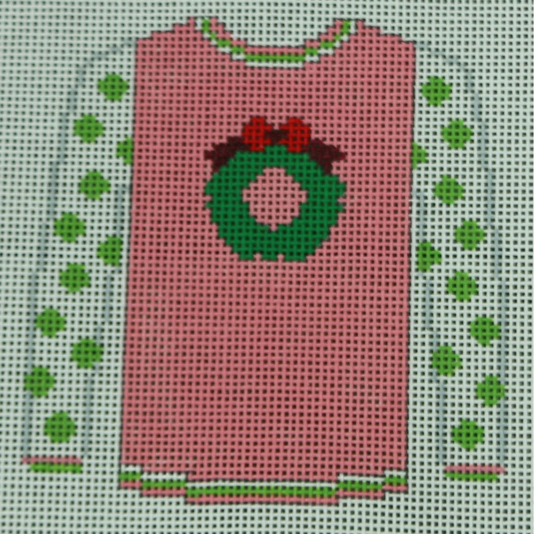 Wreath on Pink with Lime Polka Dot Sleeves