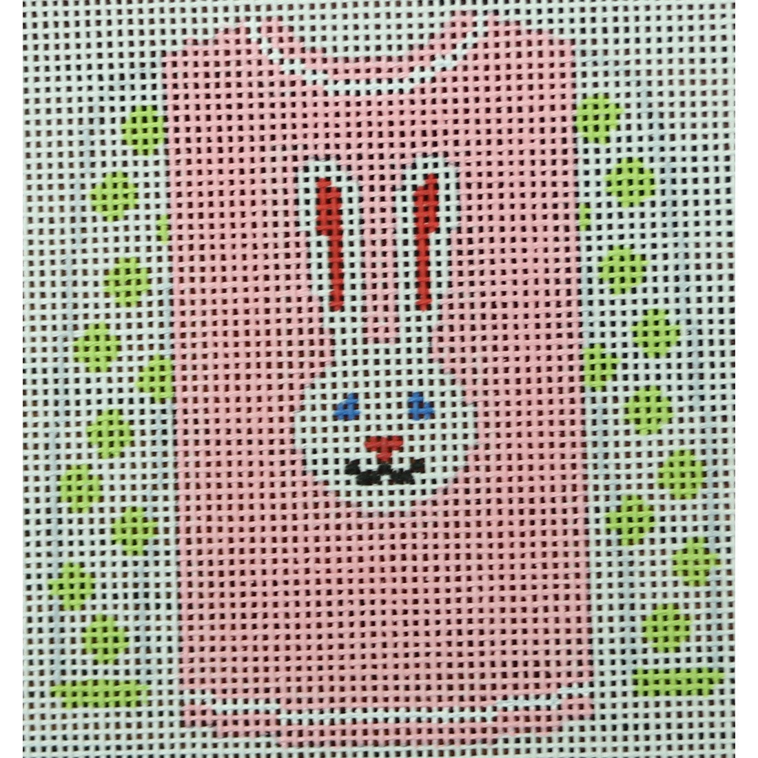 Long Eared White Bunny on Pink with Green Dot Sleeves