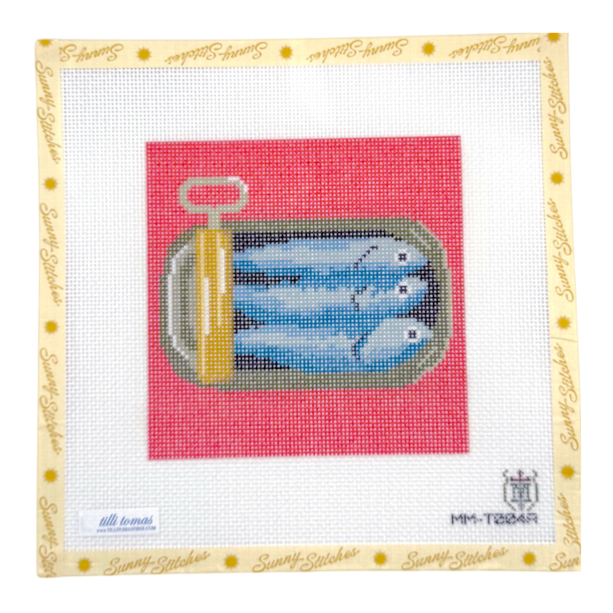 A square canvas needlepoint design from Sunny Stitches featuring blue sardines in an open can on a red background, surrounded by a white mesh border with a cream-colored stitched frame.