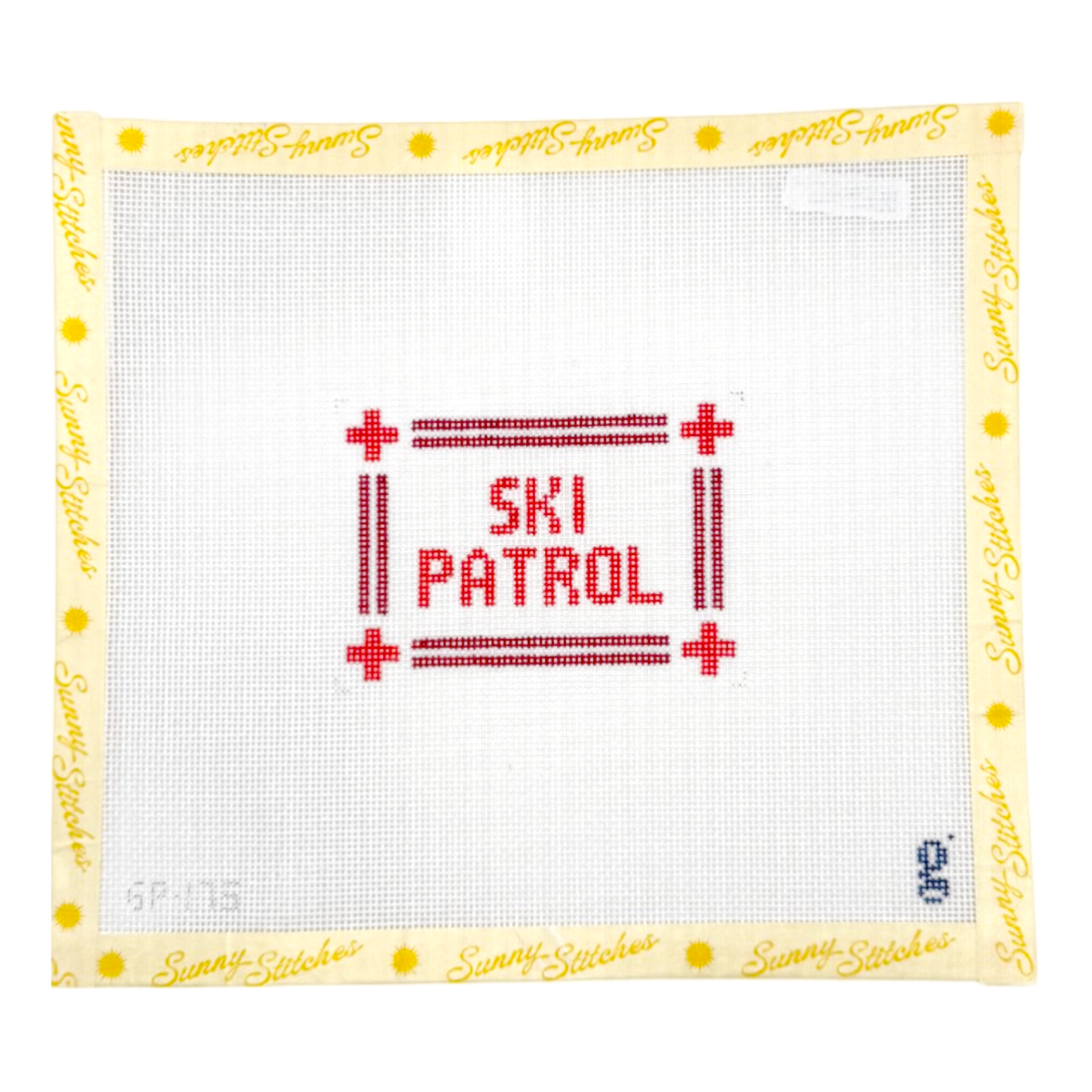 A square white cross-stitch canvas with a yellow border printed with the brand name 'Sunny Stitches' and yellow sun motifs. The center features a red stitched design with the words 'SKI PATROL' inside a red rectangular border.