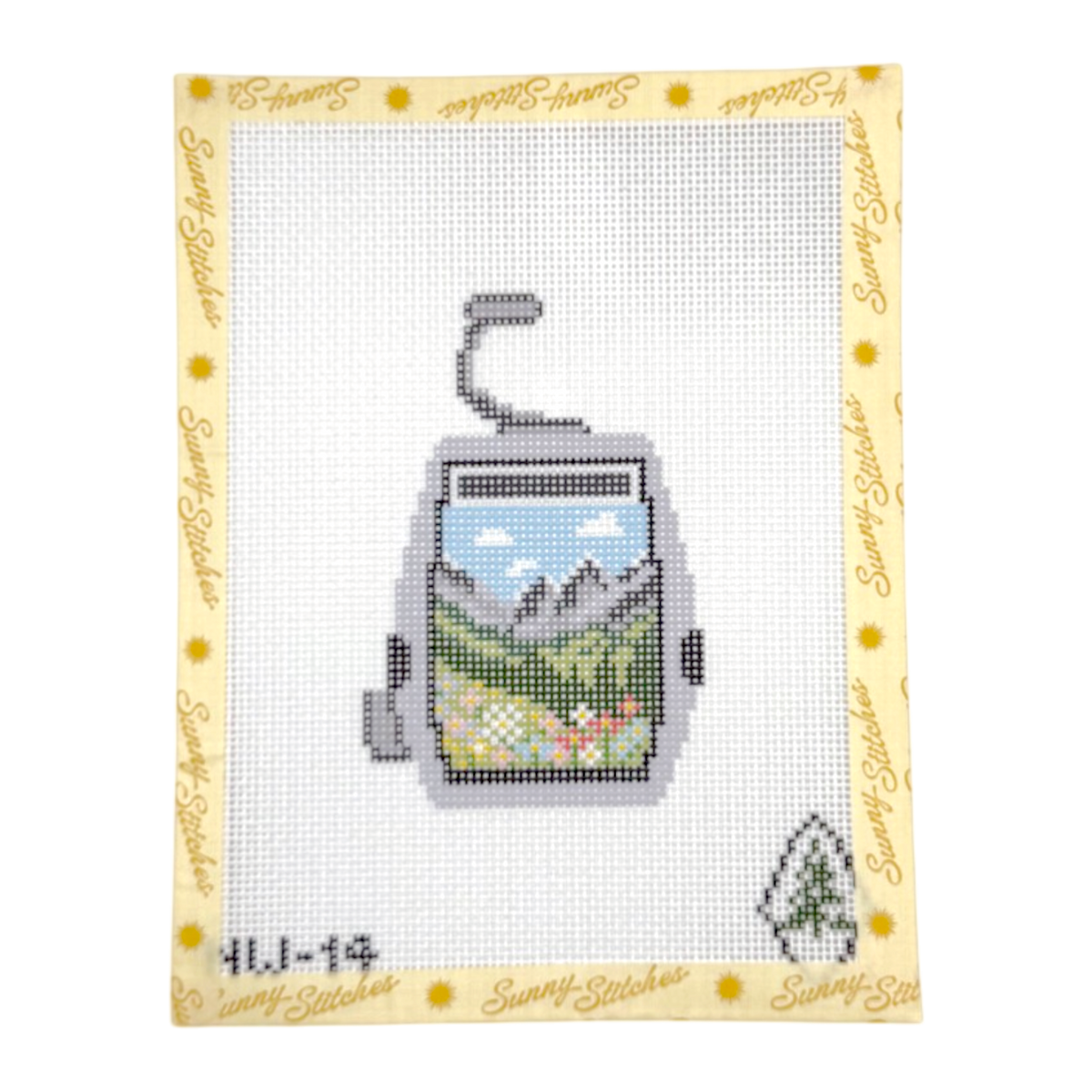 A counted cross-stitch sampler card by Sunny Stitches featuring a gondola with a mountain landscape stitched inside, set against a white grid canvas with a yellow border printed with the brand name.
