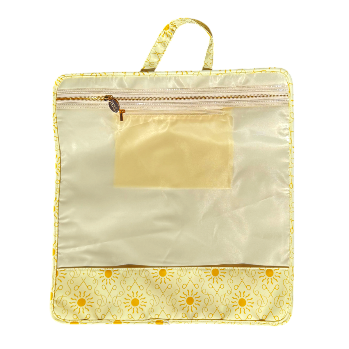 A square translucent plastic zippered pouch with a yellow floral patterned fabric trim, a top handle, and a clear front window.