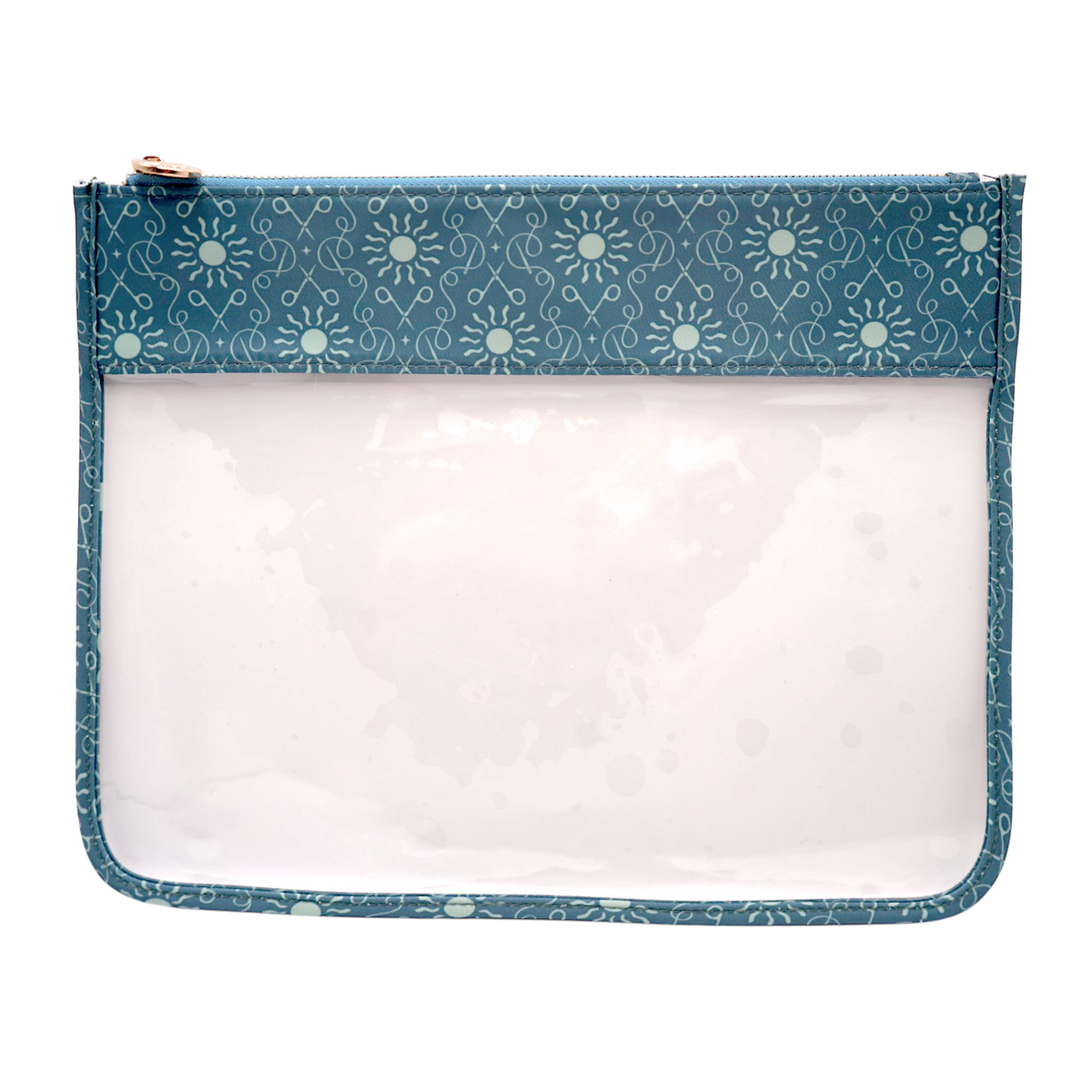 A rectangular zippered pouch with a clear plastic front panel and a teal blue patterned fabric trim, shown on a plain white background.