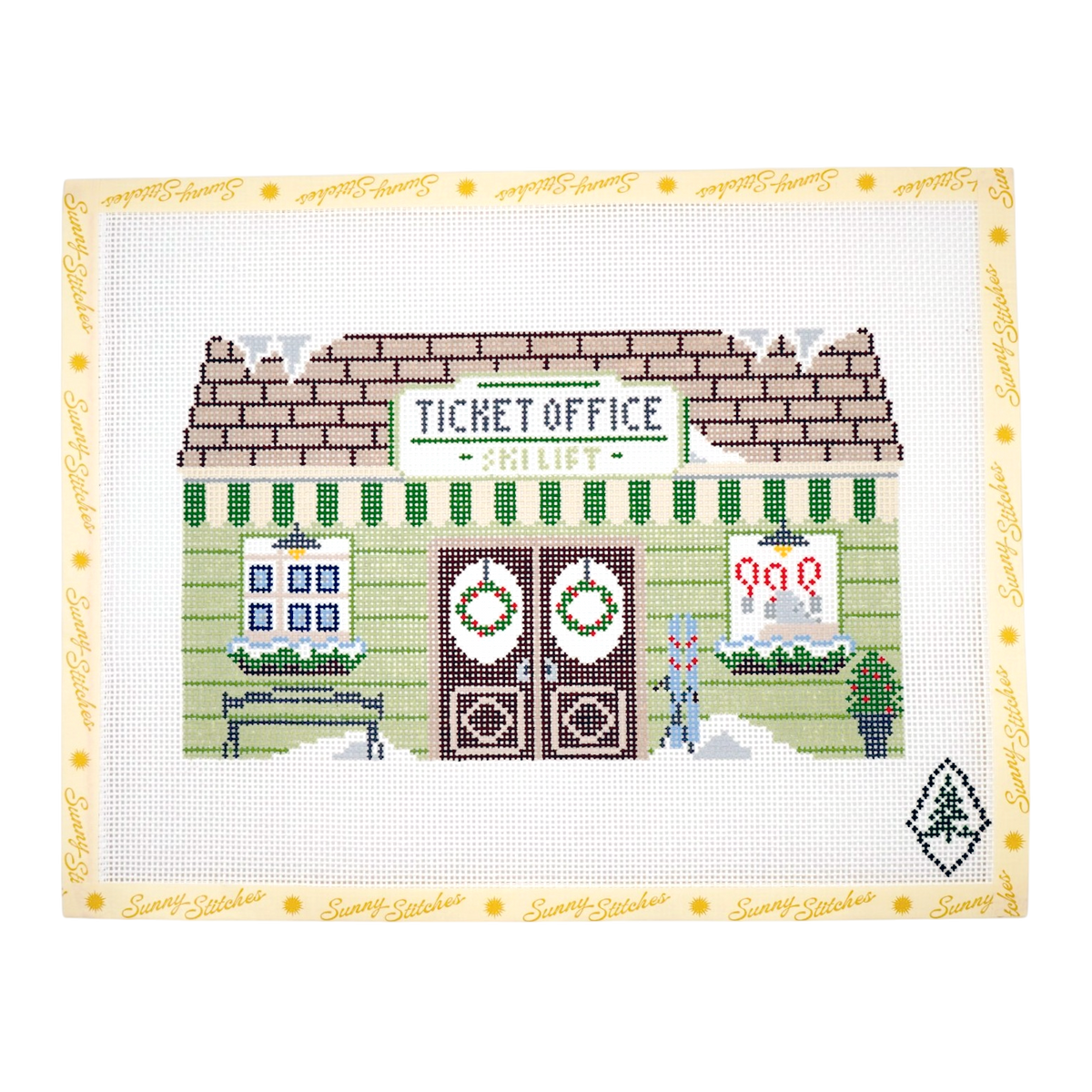 Needlepoint pattern for ski lift ticket office from Sunny Stitches