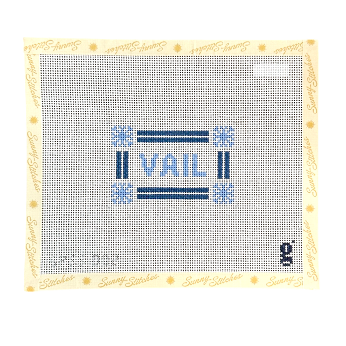 A square needlepoint canvas featuring the word 'VAIL' in blue block letters, flanked by blue vertical bars and snowflake motifs, with a light yellow border printed with 'Sunny Stitches' branding.