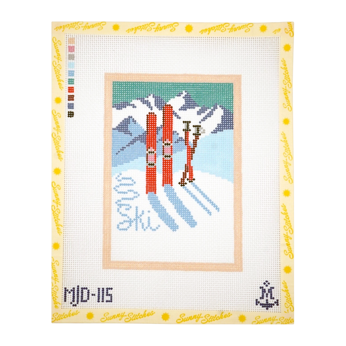 A cross-stitch canvas featuring a winter mountain scene with red skis and blue text reading 'Ski'. The design is bordered by a cream margin with yellow 'Sunsticker' branding, and the code 'MJD-115' appears in the lower left.
