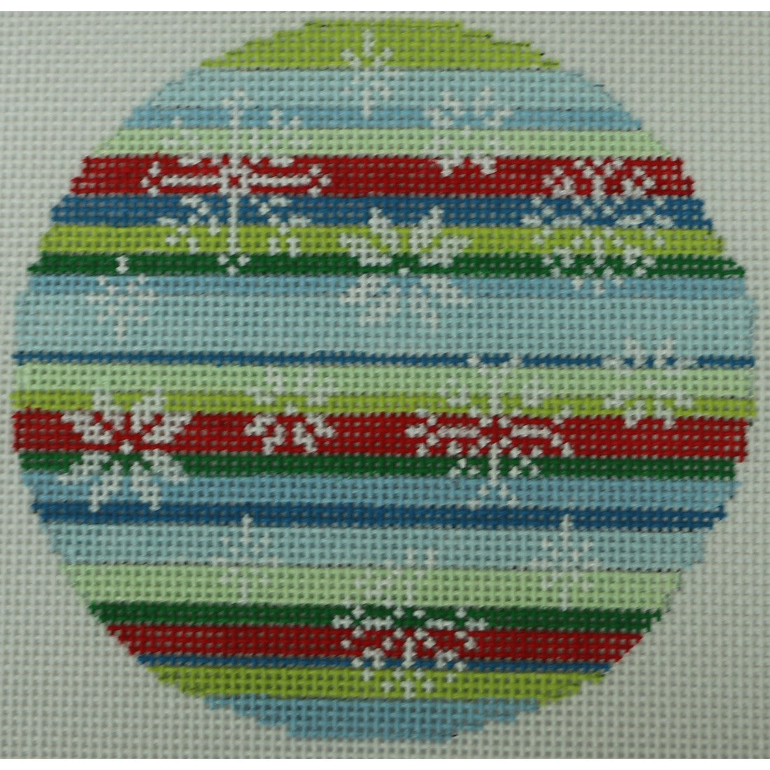 Snowflakes on Blue Green Red Stripes Ornament