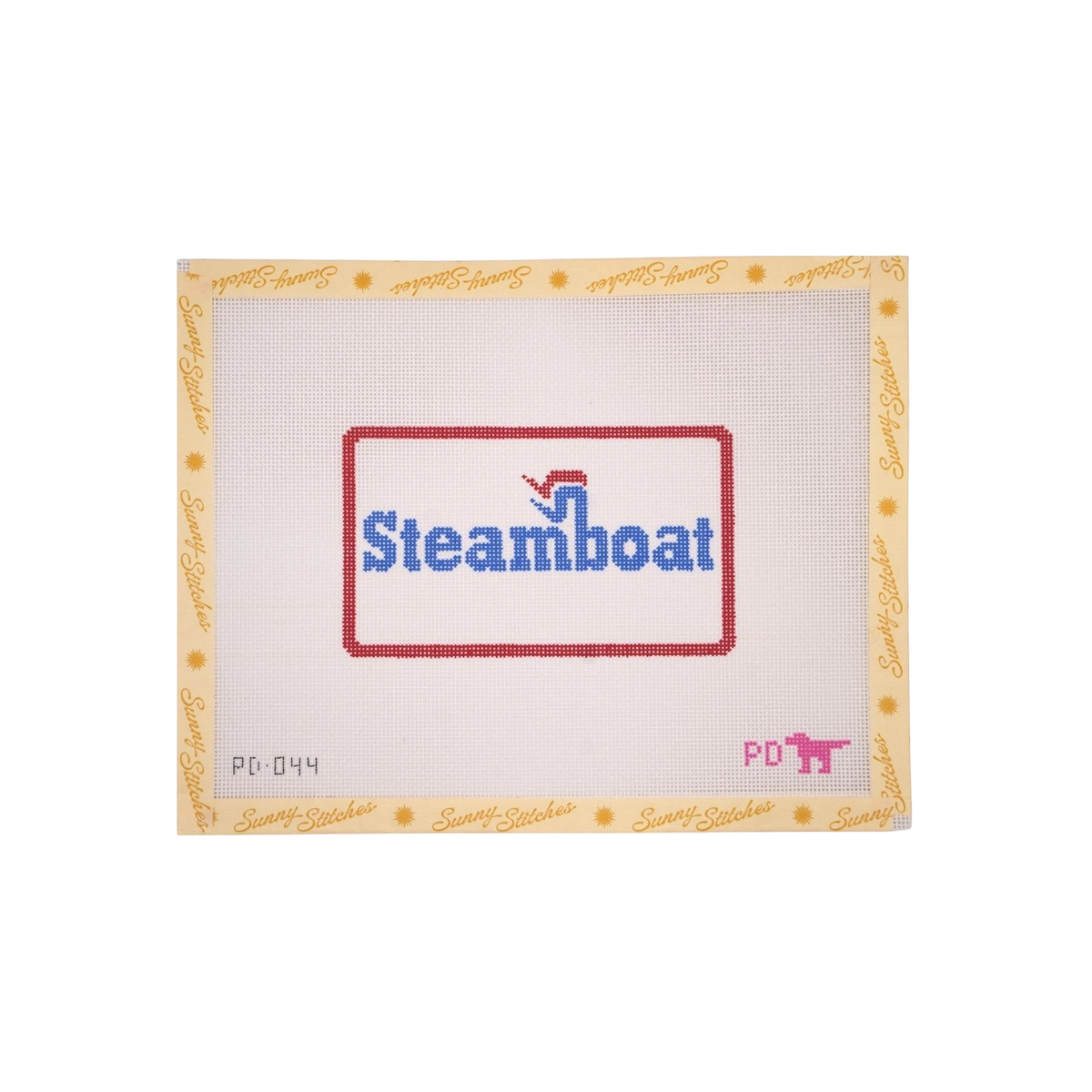 Sunny Stitches Steamboat needlepoint canvas featuring blue and red text on 18 mesh fabric with a tapestry needle.