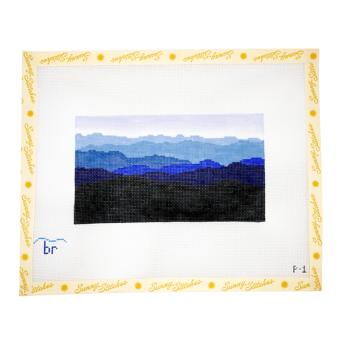 A canvas needlepoint design sheet featuring a layered mountain landscape in shades of blue, purple, and black representing the blue ridge mountains. The sheet is bordered by a cream-colored edge printed with 'Sunny Stitches' in yellow script and small yellow sun icons.