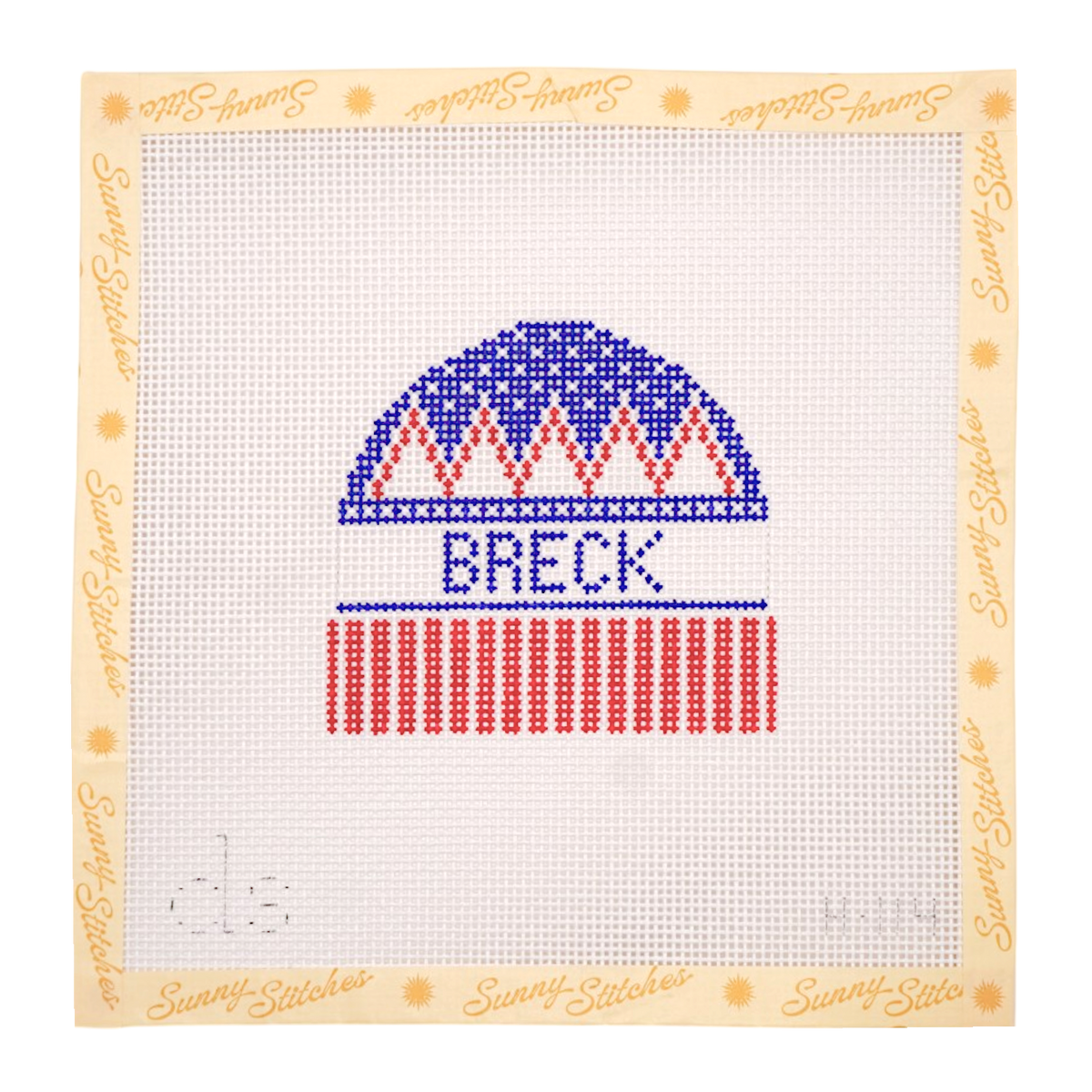 A square canvas needlepoint design featuring a stylized knit hat with the name 'BRECK' in blue, red, and white. The canvas is bordered by a cream-colored frame printed with the brand name 'Sunny Stitches' in gold.
