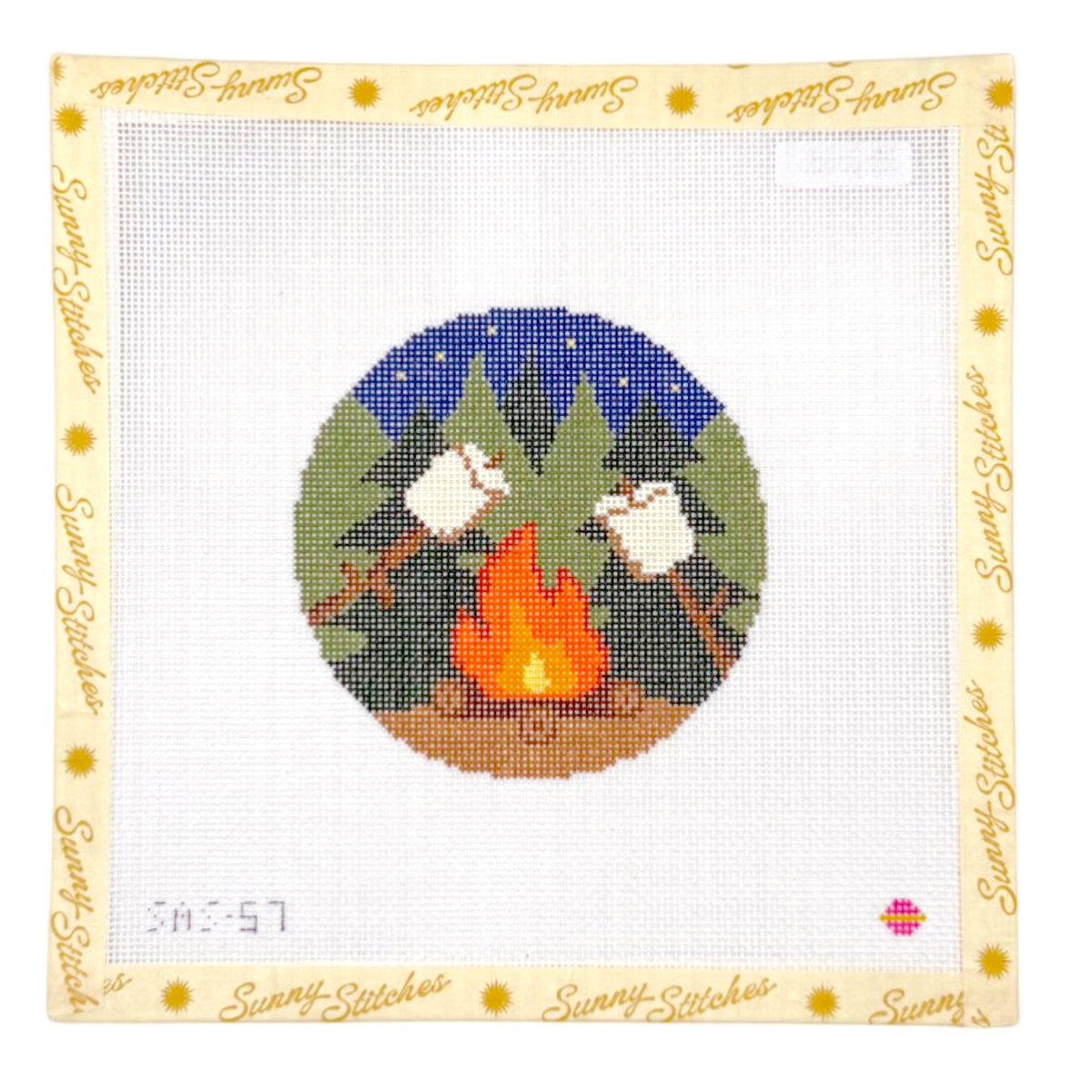 A square needlepoint canvas from Sunny Stitches featuring a circular campfire scene with marshmallows, pine trees, and a night sky, surrounded by a cream border printed with the Sunny Stitches brand name.