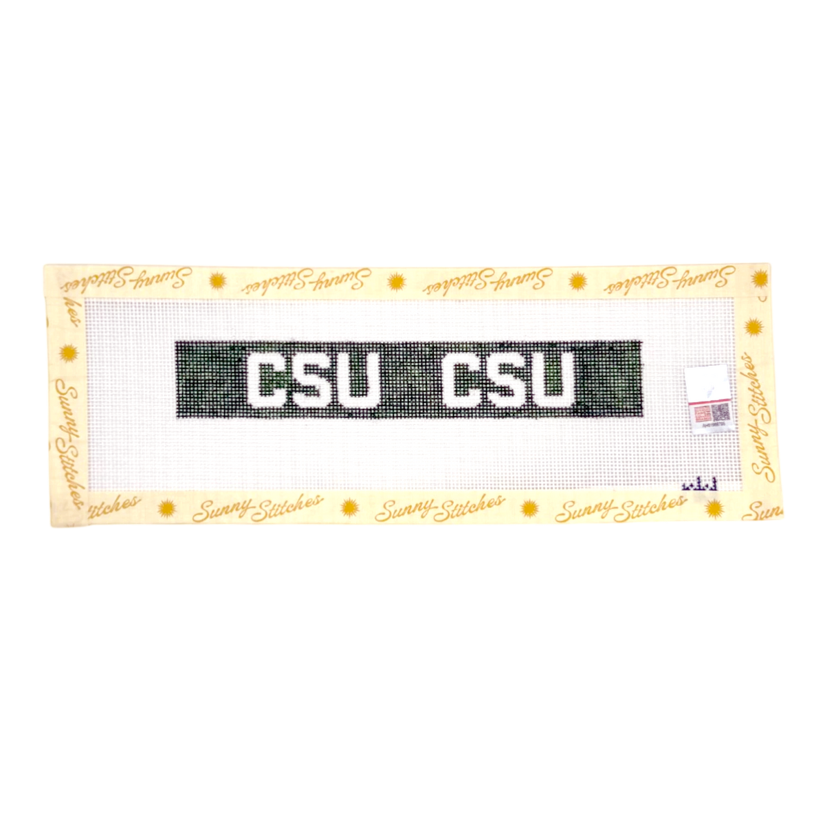 A rectangular cross-stitch sampler by Sunny Stitches featuring 'CSU CSU' Colorado State University stitched in white letters on a dark green background, surrounded by a cream border with yellow sun motifs and 'Sunny Stitcher' text. 