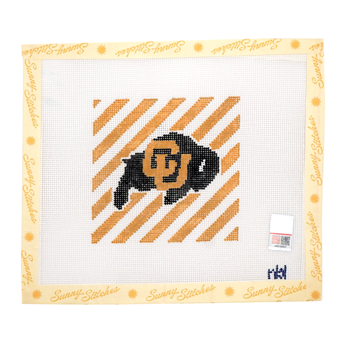 Sunny Stitches needlepoint canvas featuring a black bison with a gold 'CU' logo for Colorado University on a diagonal gold and white striped background, surrounded by a printed border with the Sunny Stitches brand name.