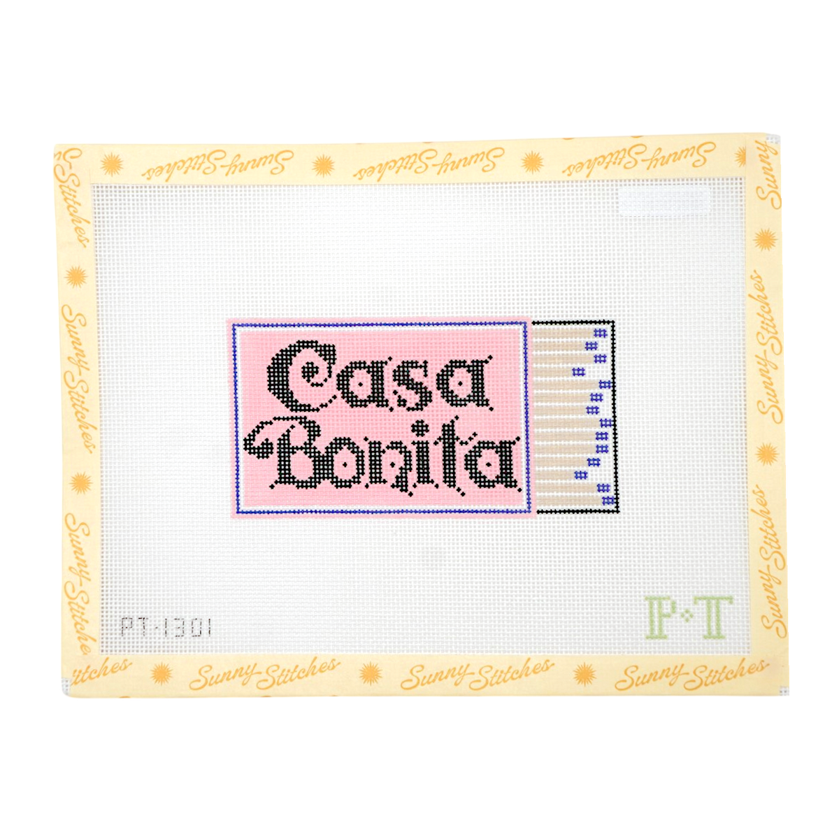 A framed cross-stitch matchbook featuring the words 'Casa Bonita' in black stitched letters on a pink background, with a small blue-and-white striped panel to the right. The sampler is bordered in pale yellow with repeated 'Sunny Stitches' branding around the edge.