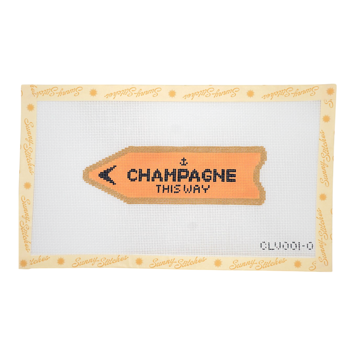 A cross-stitch needlepoint canvas featuring a stitched orange and brown arrow pointing left with the text 'CHAMPAGNE THIS WAY' and a small anchor. The canvas has a white mesh background, a decorative beige border with 'Sunny Stitches' branding, and a product code 'CLV001-0' in the bottom right corner.