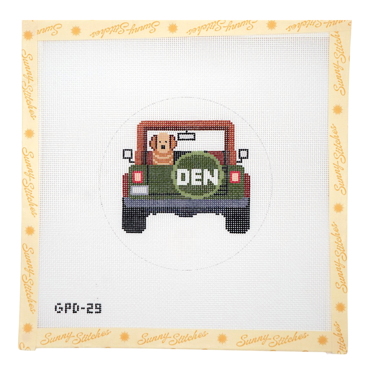 Denver jeep needlepoint canvas with a cute dog inside 