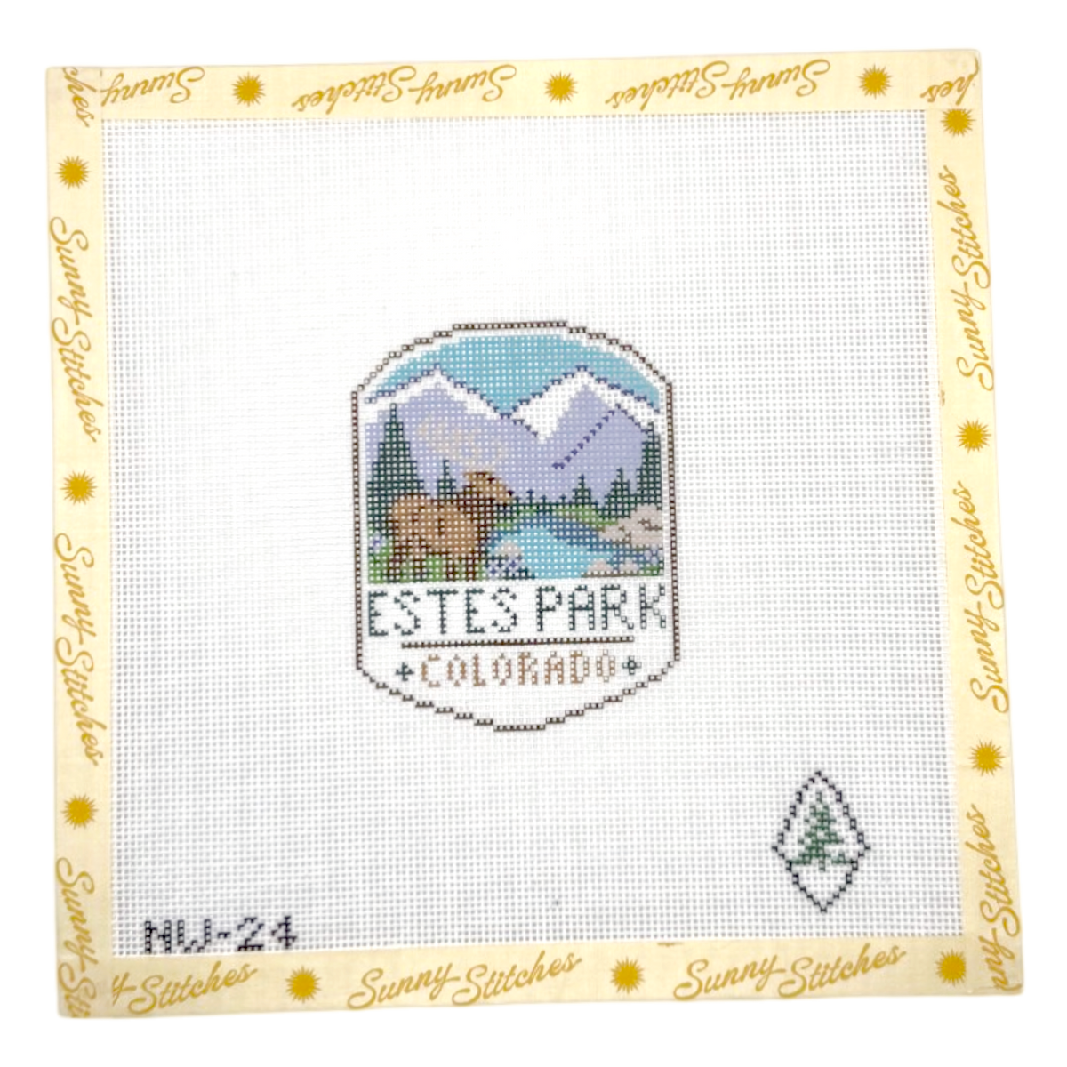 A square counted needlepoint canvas by Sunny Stitches featuring a Colorado Estes Park landscape design. The canvas has a white grid background with a stitched mountain, river, trees, and bear emblem in the center, a small pine tree mark in the lower right, and the text 'ESTES PARK COLORADO' and 'NU-24'.