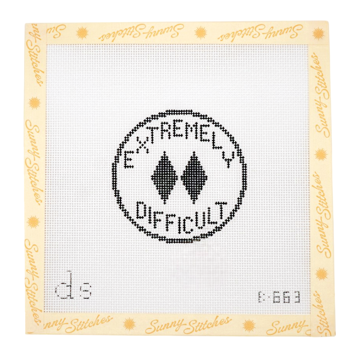 A square cross-stitch sampler or pattern sheet with a pale yellow border printed with the brand name 'Sunny Stitches' and a central black stitched design reading 'EXTREMELY DIFFICULT' ski sign around two diamond shapes.