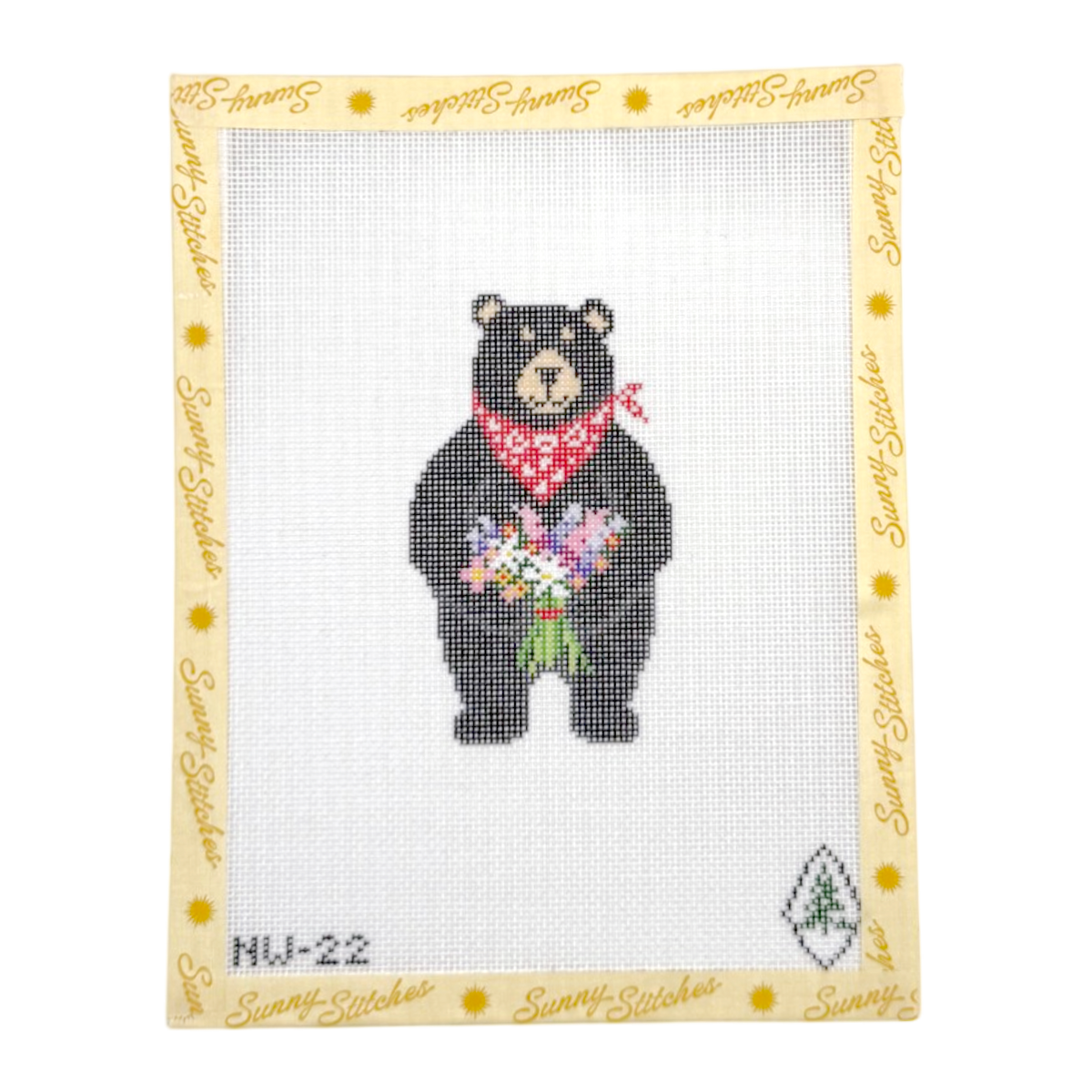 A needlepoint canvas featuring a black bear wearing a red bandana and holding a bouquet of multicolored flowers, with a cream border printed with the brand name 'Sunny Stitches' and the style number 'MU-22'.