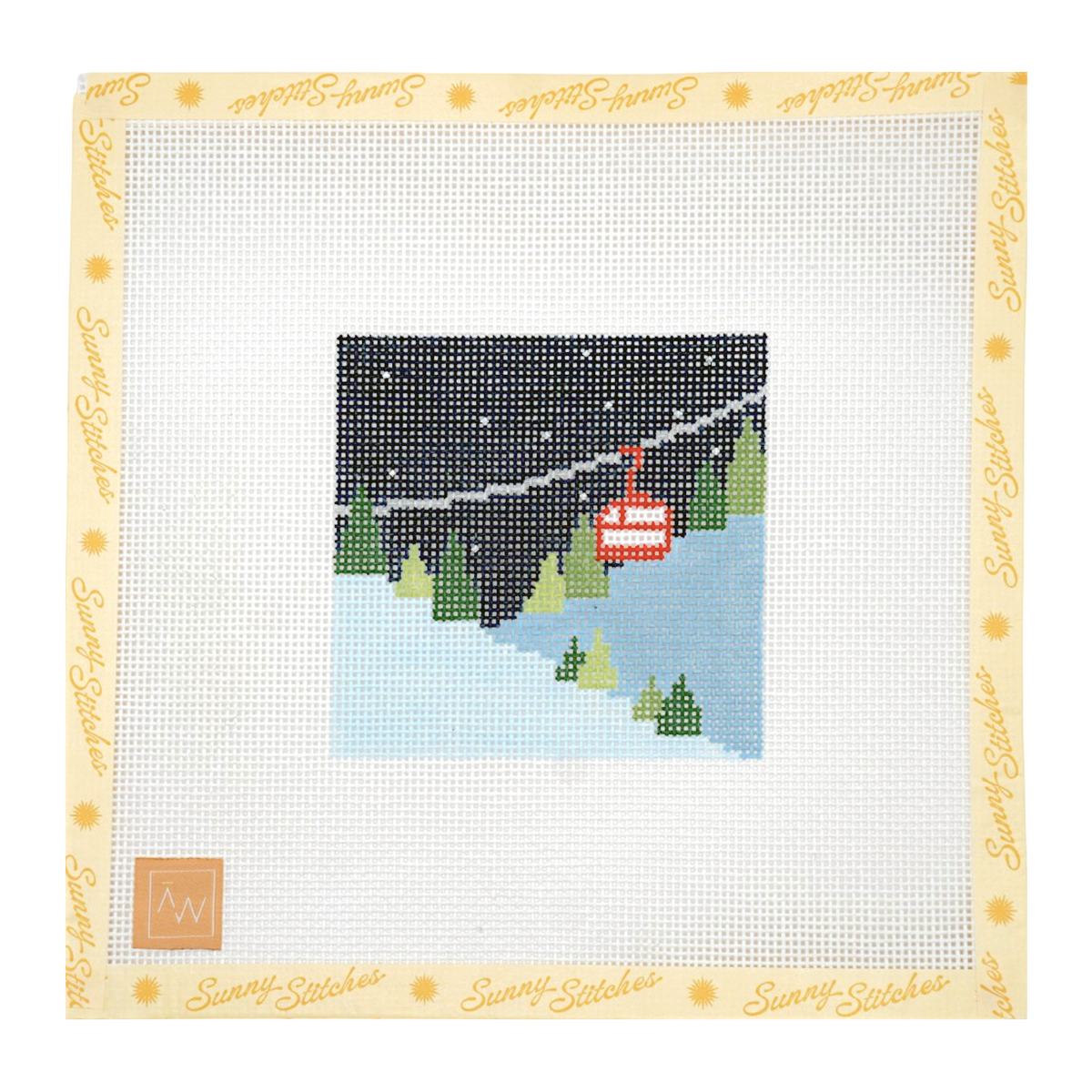 A square canvas needlepoint design by Sunny Stitches featuring a snowy mountain landscape with a red cable car, green pine trees, and a dark night sky. The design is centered on a white grid canvas with a decorative border printed with the Sunny Stitches brand name.