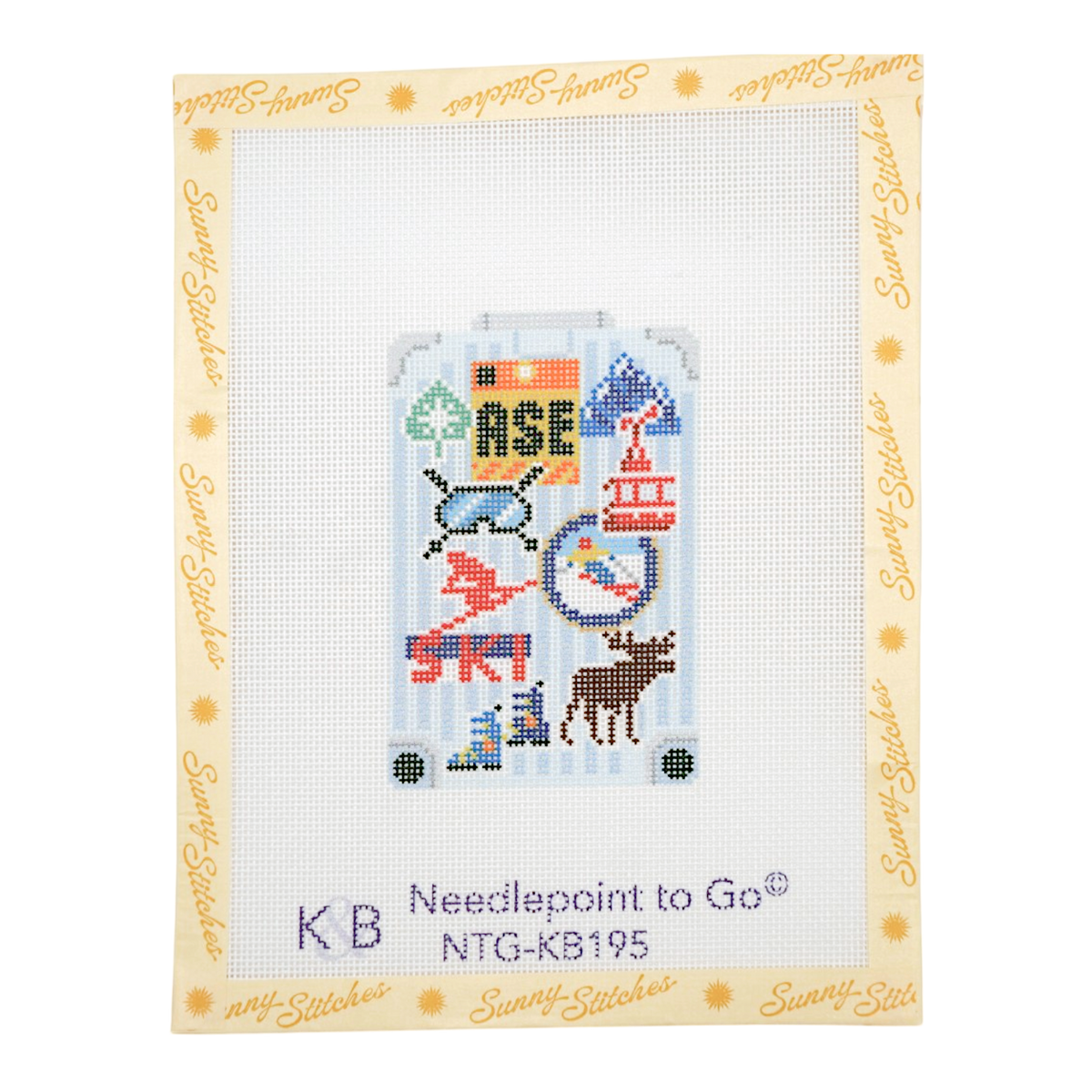 Needlepoint to Go KB NTG-KB195 cross-stitch kit by Sunny Stitches, featuring a travel-themed design on white Aida canvas with a cream border and product text at the bottom.