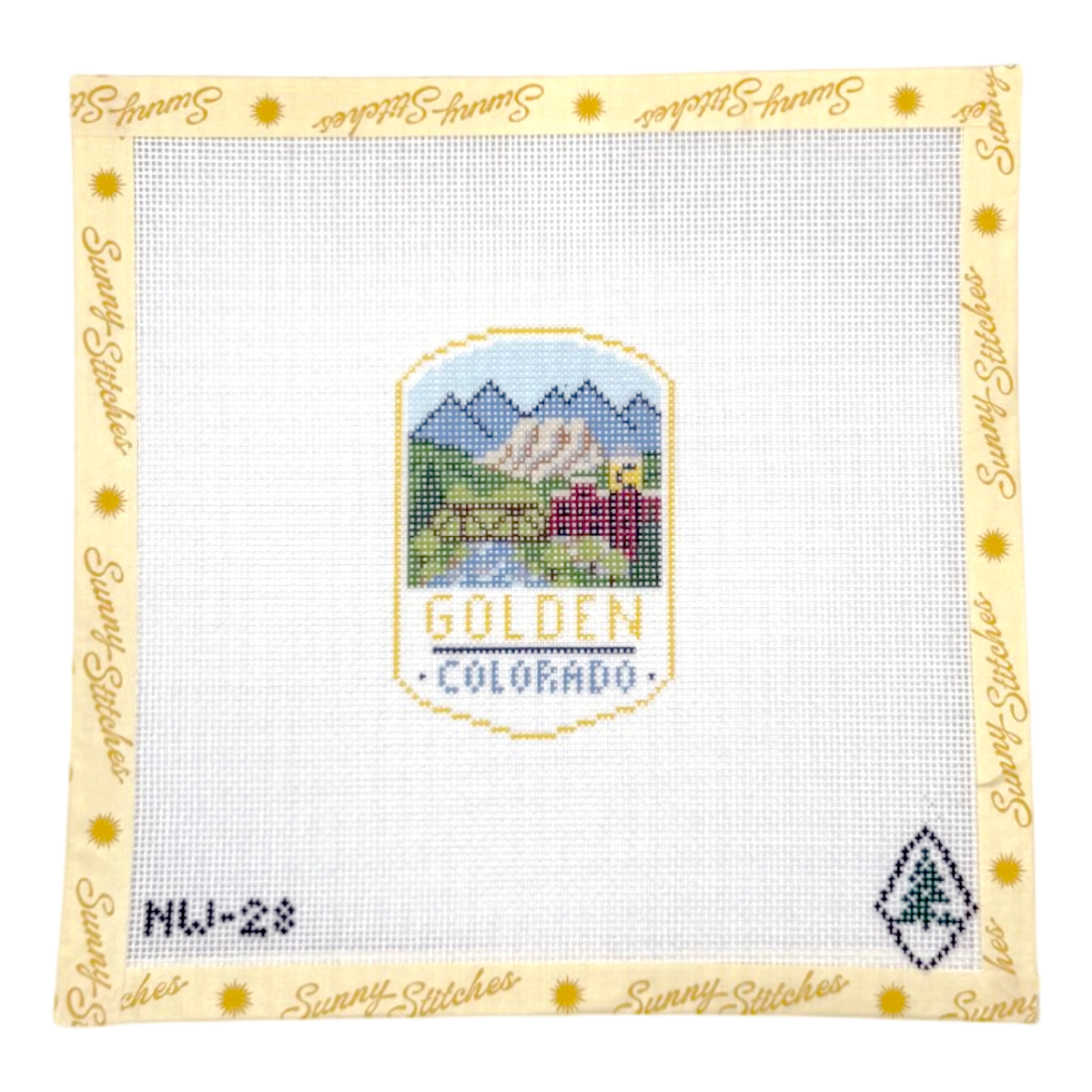 A square cross-stitch card by Sunny Stitches, featuring a central 'Golden Colorado' mountain landscape patchwork design on white fabric, surrounded by a yellow border with embroidered 'Sunny Stitches' text and sun motifs.