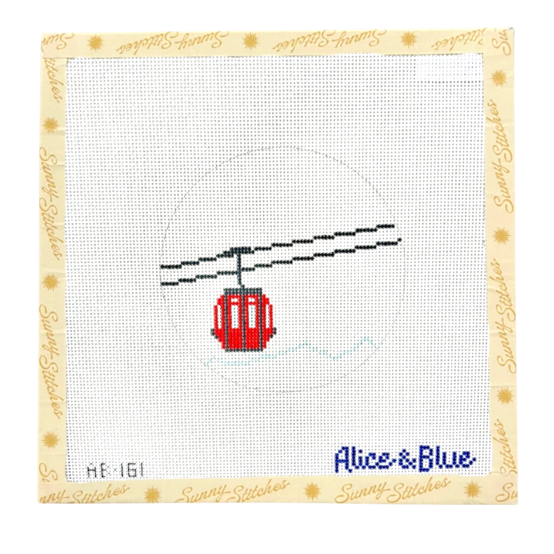 A square cross-stitch pattern card or sampler showing a red cable car on a white stitched grid, surrounded by a pale yellow border printed with the brand name 'Sunny Stitches' and the design name 'Alice&Blue'.