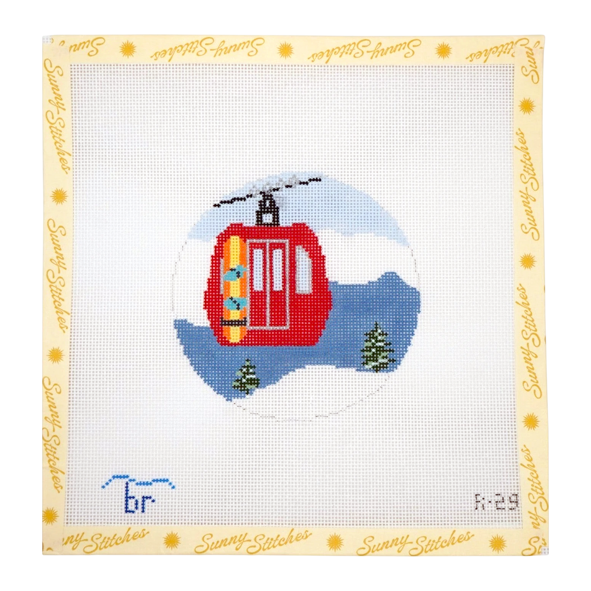 A square counted needlepoint canvas featuring a red cable car in a snowy mountain circle with a snowboard, surrounded by a pale yellow border printed with the brand name 'Sunny Stitches'.