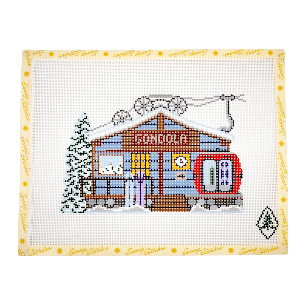 Ski chalet with the word gondola and skis outside needlepoint pattern from Sunny Stitches. 