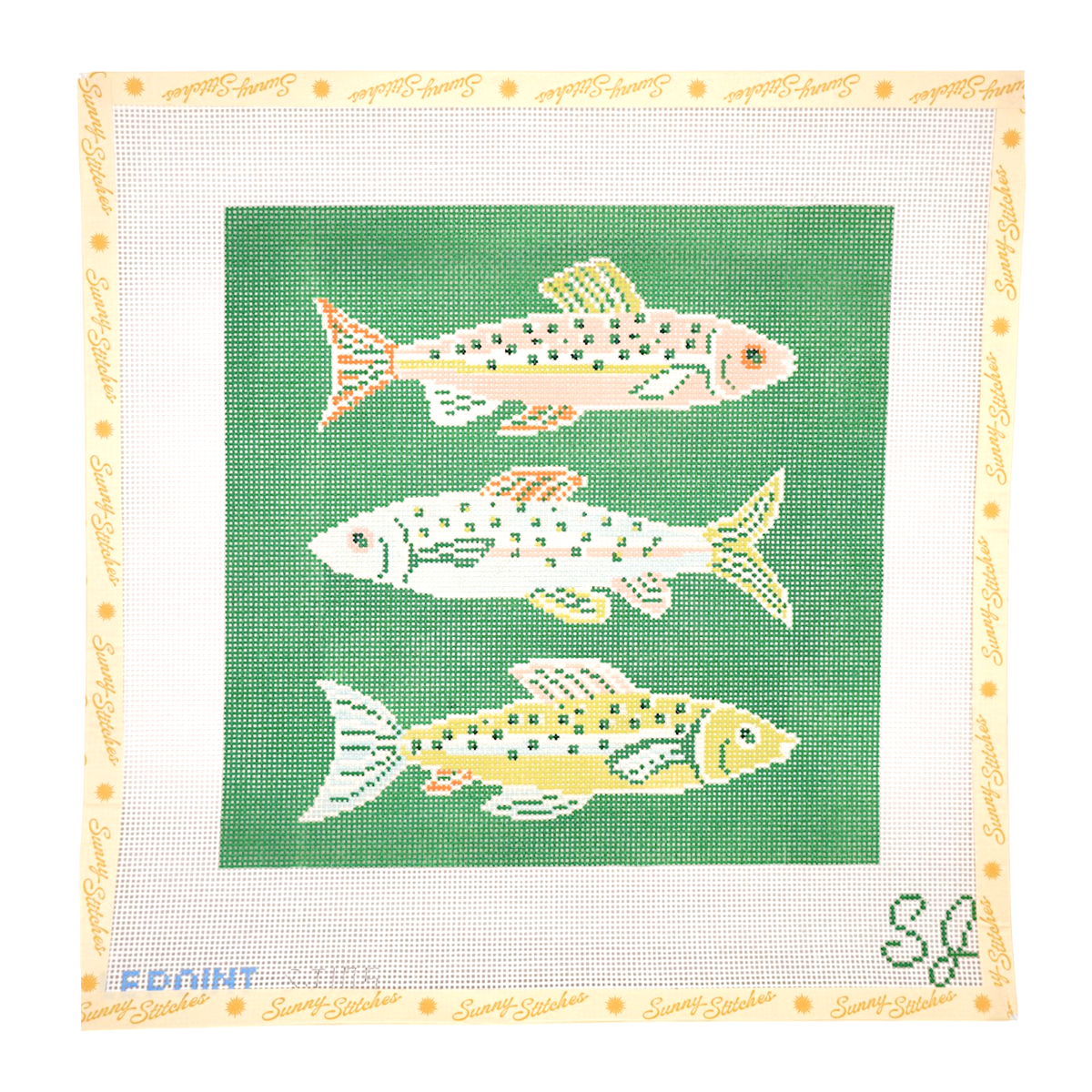 A square needlepoint canvas featuring three stylized fish in pink, white, and yellow on a green background, surrounded by a white border with repeating 'Sunny Stitches' text and a yellow dotted edge.