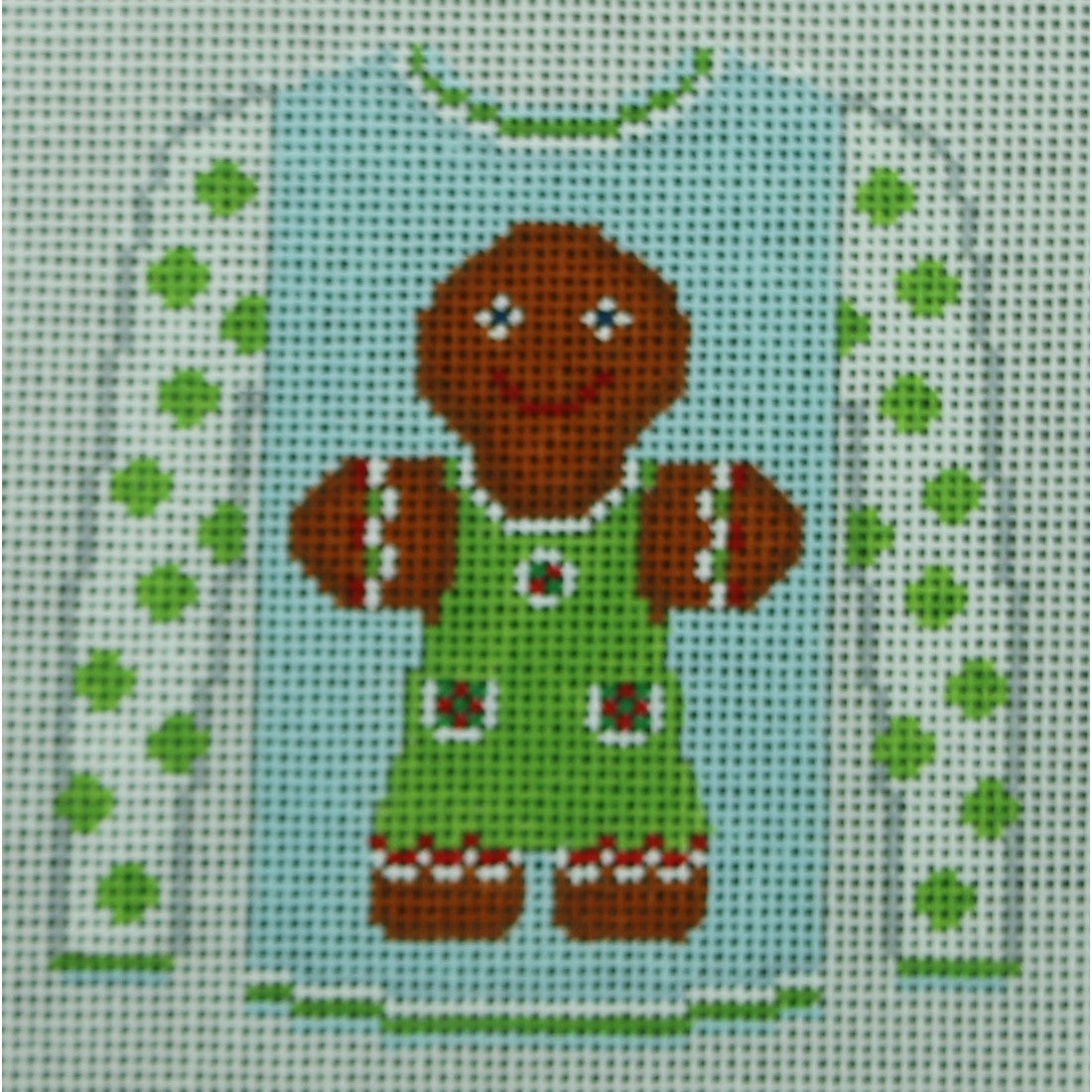 Gingerbread Girl on Blue with Green Dot Sleeves