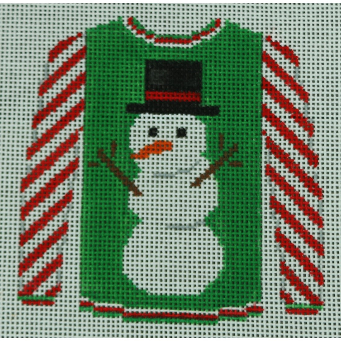 Snowman on Green with Red Striped Sleeves
