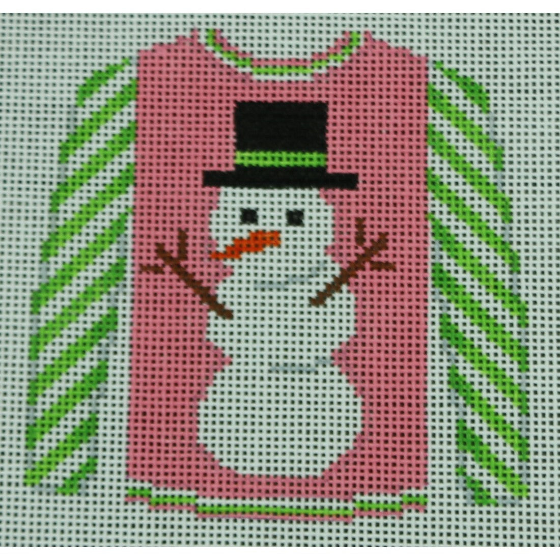 Snowman on Pink with Lime Striped Sleeves