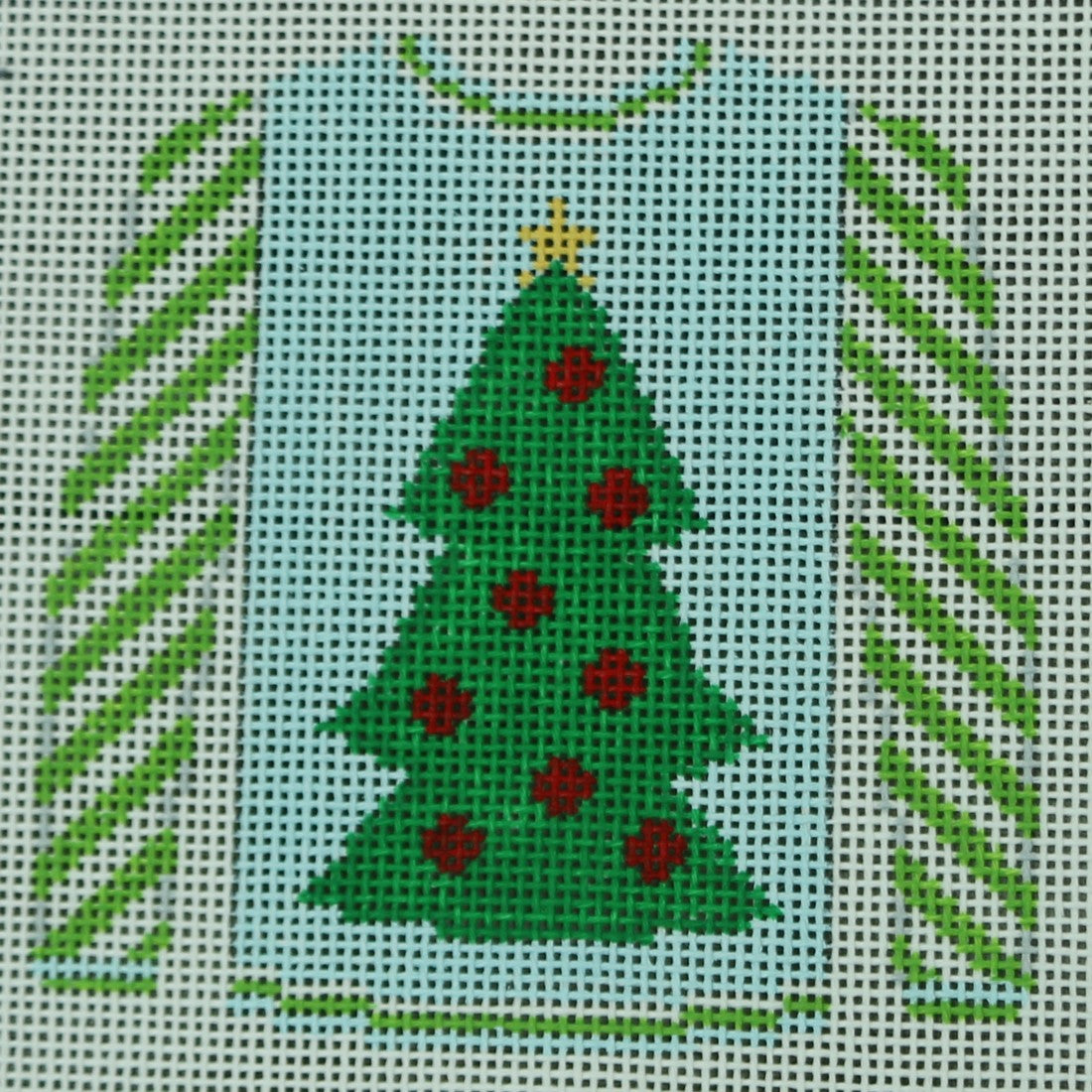 Christmas Tree on Blue with Lime Striped Sleeves