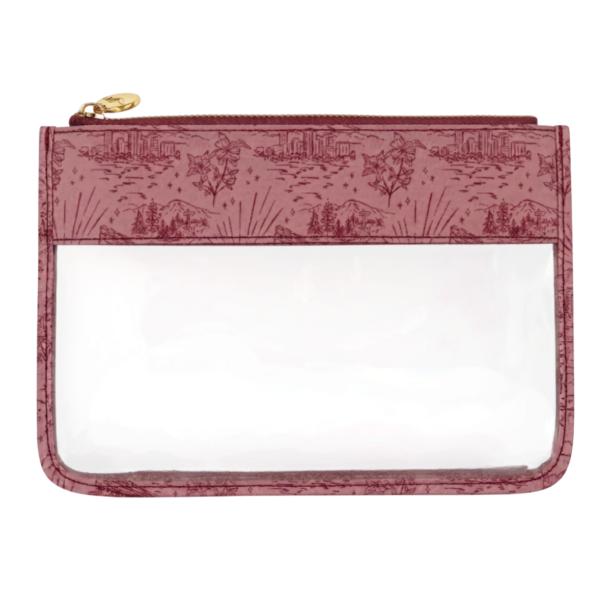 A rectangular clear plastic pouch with a burgundy patterned top border and a gold zipper pull, shown on a plain white background.