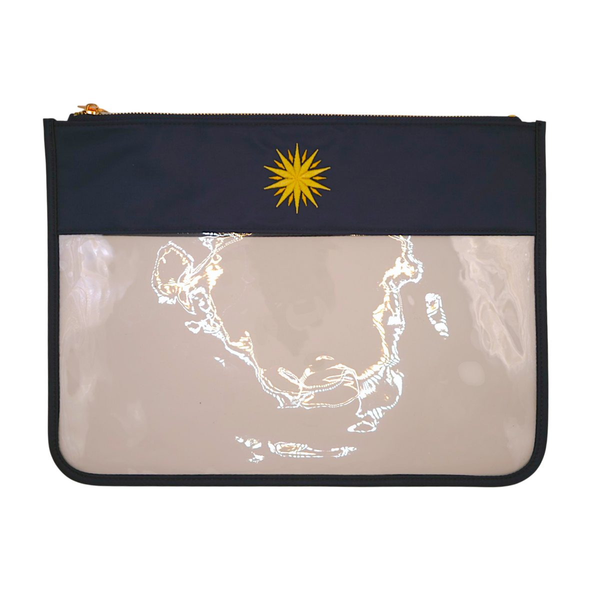 A rectangular zip pouch featuring a navy blue top section with a yellow sun emblem, and a clear front panel showing a beige background with white line art of the Malay Peninsula.