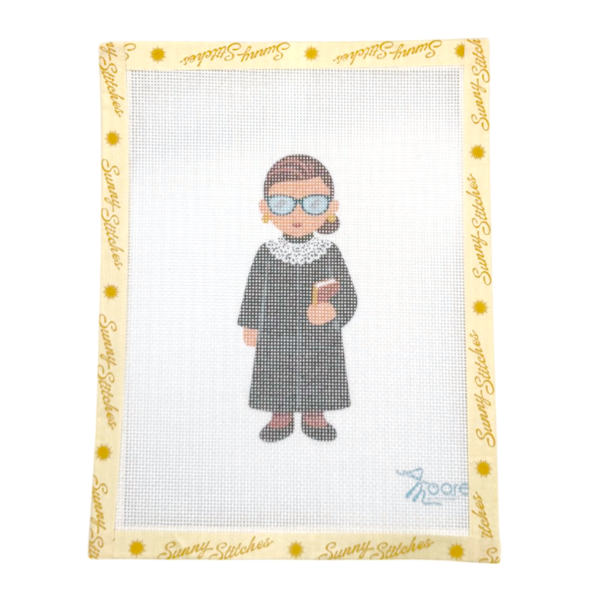 A square canvas needlepoint design featuring a cartoon depiction of Ruth Bader Ginsburg, surrounded by a decorative border with the brand name 'Sunny Stitches' and small yellow sun motifs. The canvas is displayed flat against a clean white background.