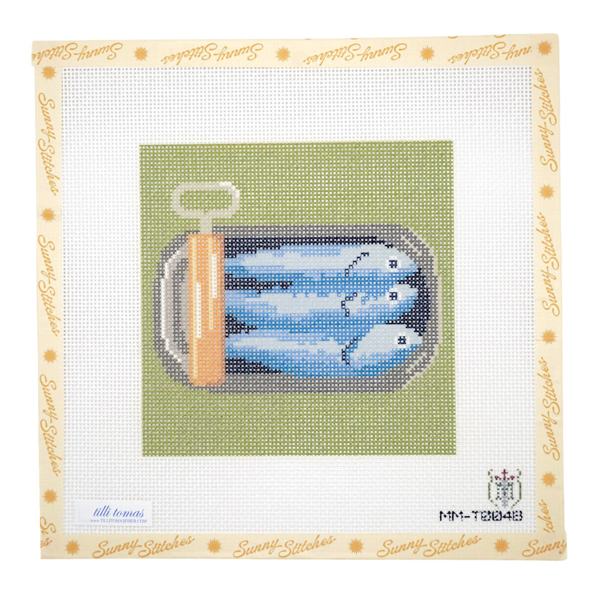 A needlepoint canvas featuring an illustration of blue fish in a silver container on an olive green background, surrounded by a cream border printed with the brand name 'Sunny Stitches'.