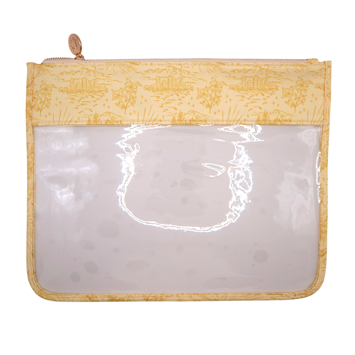 A zippered pouch with a clear plastic front window and a yellow patterned fabric top border and edges, shown on a plain white background.