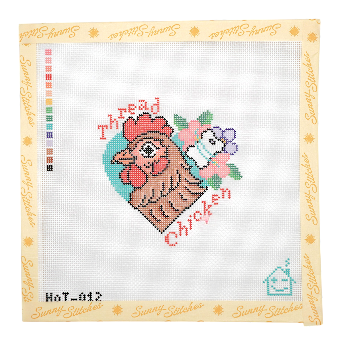 A cross-stitch canvas design by Sunny Stitches featuring a brown chicken, pink flowers, and the words 'Thread Chicken' on a white grid background with a multicolor color palette strip on the left.