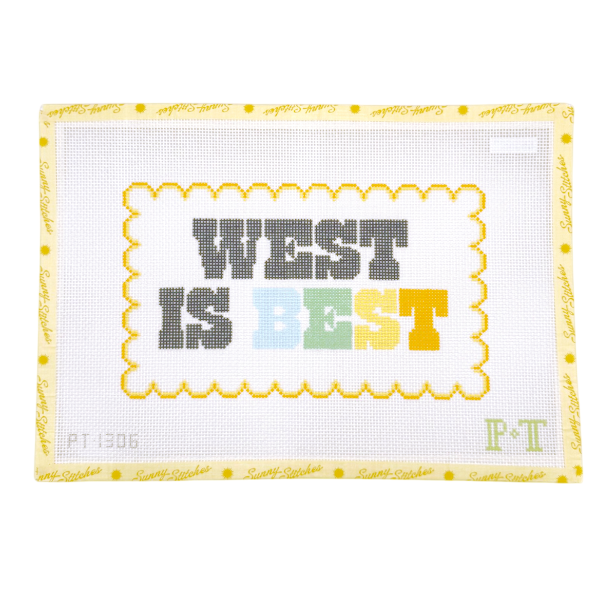 A framed cross-stitch pattern or finished textile piece with the phrase “WEST IS BEST” stitched in the center. The letters are filled in gray, dark gray, light blue, mint green, and mustard yellow.