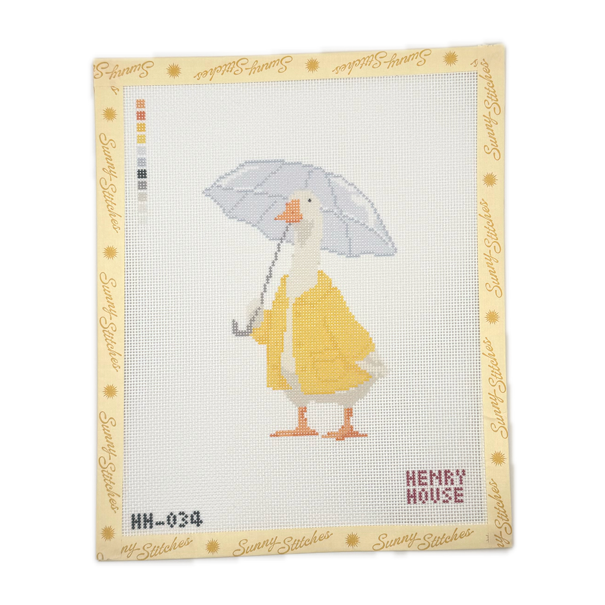 A counted needlepoint canvas by Sunny Stitches featuring a duck in a yellow dress holding a gray umbrella, with 'HENRY HOUSE' text on the right and a border printed with the Sunny Stitches brand name.