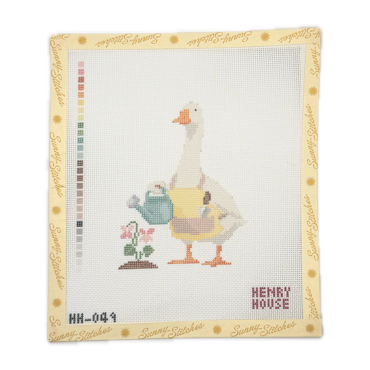 A square needlepoint canvas from Sunnystitches featuring a cross-stitched hen and duck design with the text 'HENRY HOUSE' and a color swatch strip along the bottom. The canvas has a pale yellow border printed with the 'Sunnystitches' brand name.